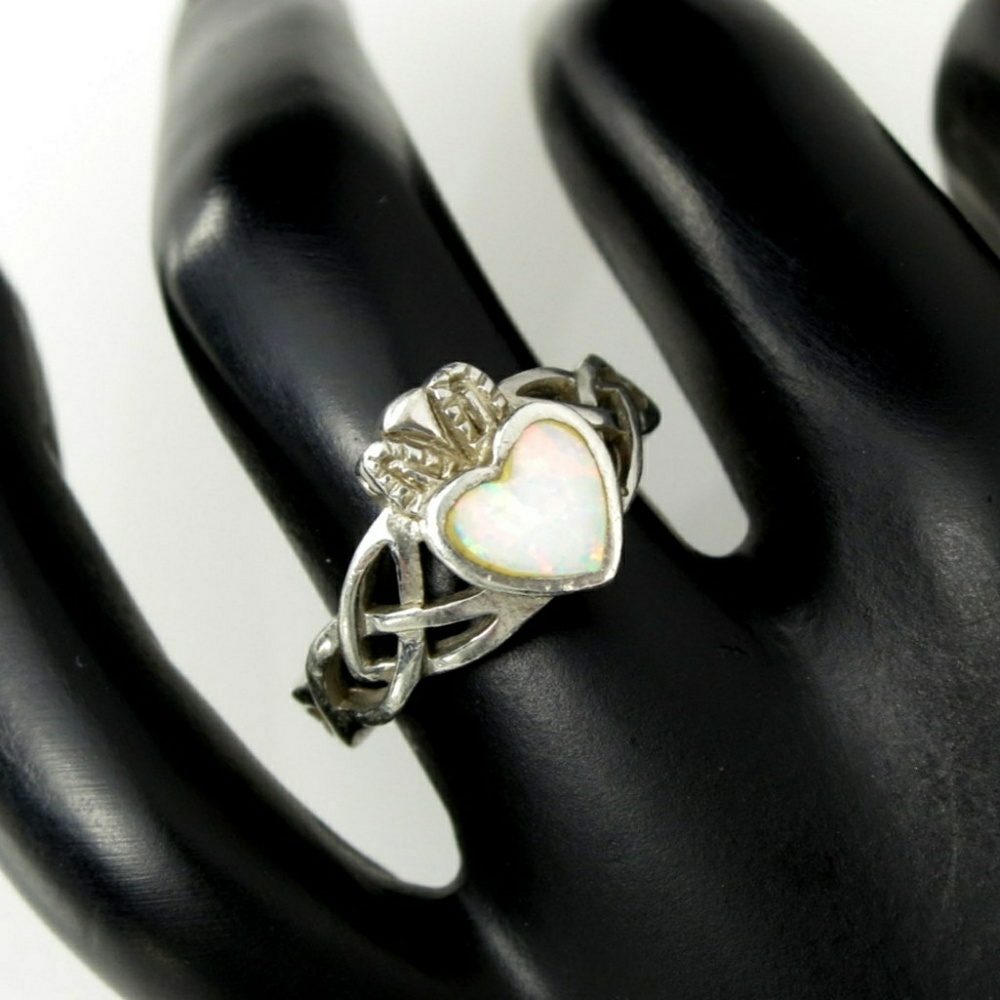 Opal Claddagh Ring in Sterling Silver Size 6